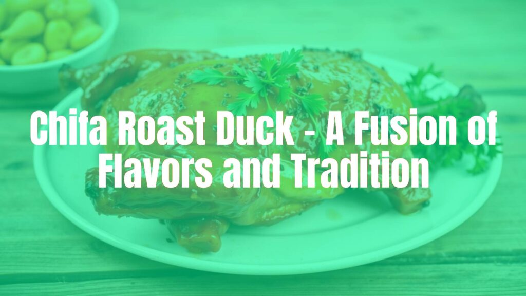 Golden brown Chifa roast duck with crispy skin, garnished with fresh herbs, on a rustic wooden table, Peruvian-Chinese fusion cuisine, appetizing and vibrant, realistic food photography.