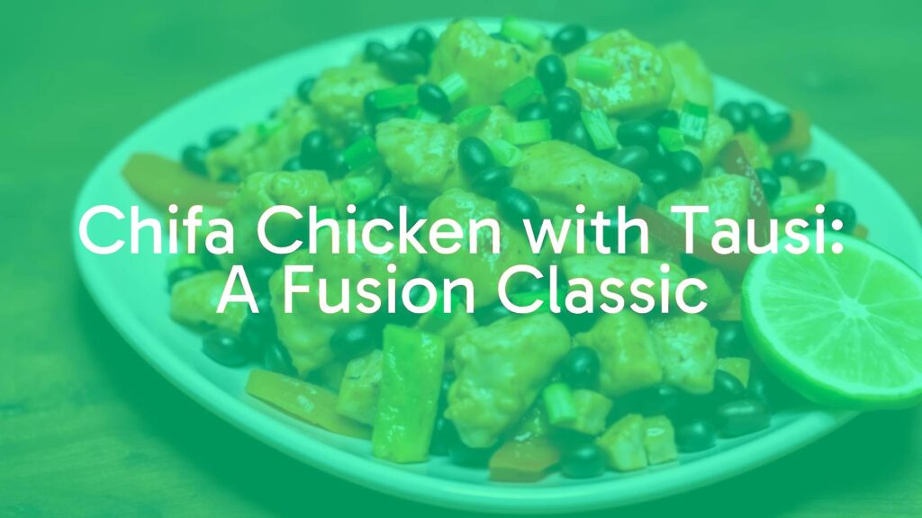A vibrant plate of Chifa Chicken with Tausi, featuring tender chicken pieces stir-fried with fermented black beans and colorful vegetables, garnished with green onions, fusion cuisine style.