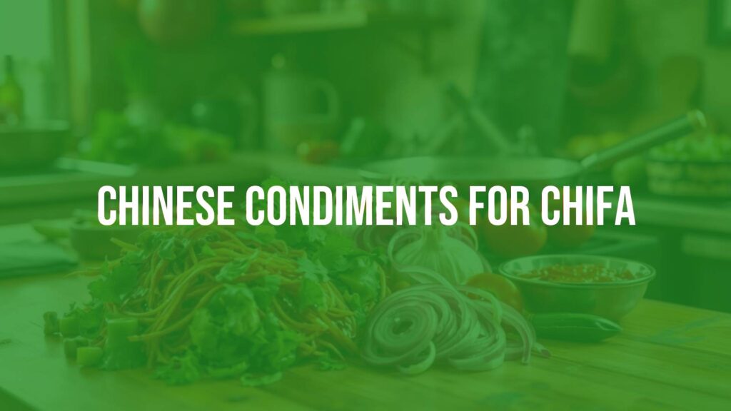 A vibrant kitchen scene with a mix of Chinese condiments like soy sauce, sesame oil, and ginger alongside Peruvian ingredients, arranged on a wooden table with a steaming wok in the background, warm lighting, realistic.