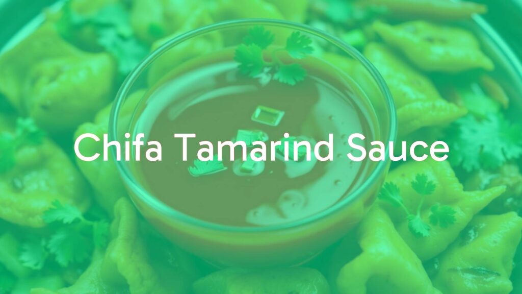 A vibrant bowl of Chifa tamarind sauce, garnished with fresh herbs, surrounded by crispy wontons and stir-fry ingredients, bright and inviting lighting, realistic food photography style.