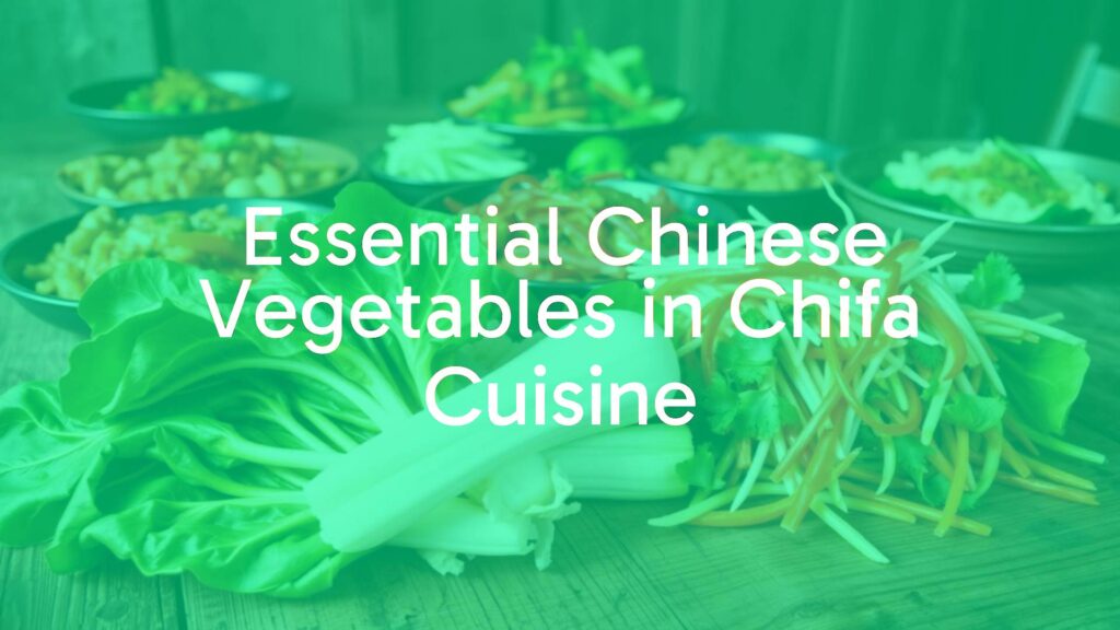 Colorful assortment of Chinese vegetables used in Chifa cuisine, including bok choy, napa cabbage, and bean sprouts, arranged on a wooden table with Peruvian-Chinese fusion dishes in the background, vibrant and inviting.