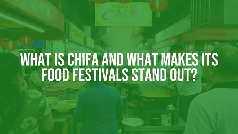 Vibrant Chifa food festival scene, Peruvian and Chinese fusion dishes, colorful food stalls, bustling crowd, lively atmosphere, wok cooking action, Peruvian and Chinese cultural elements blend, warm and inviting.